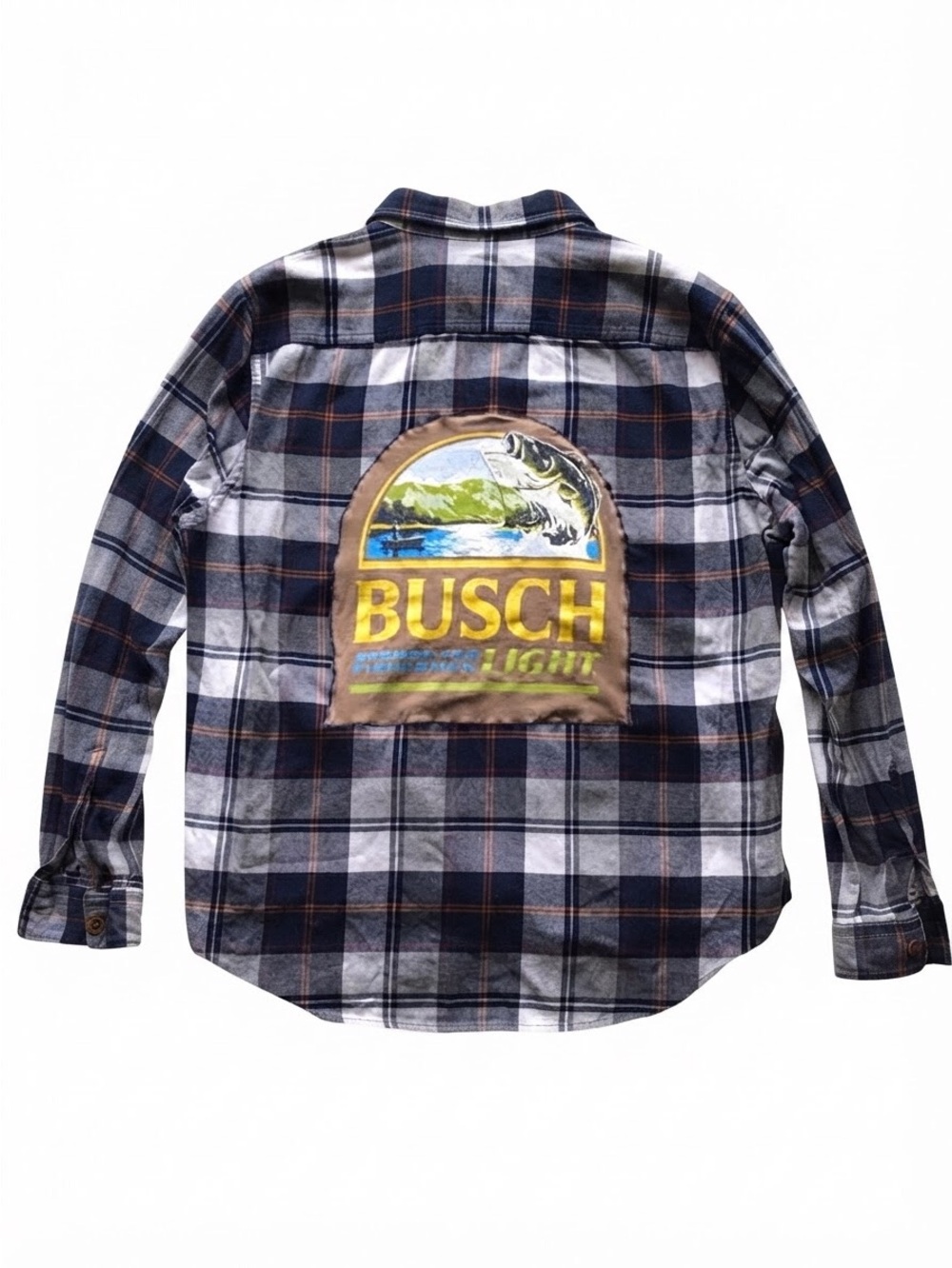 Men’s Flannel Shirt Busch Light Beer Patch Plaid Outdoor Fishing Upcycled XXL